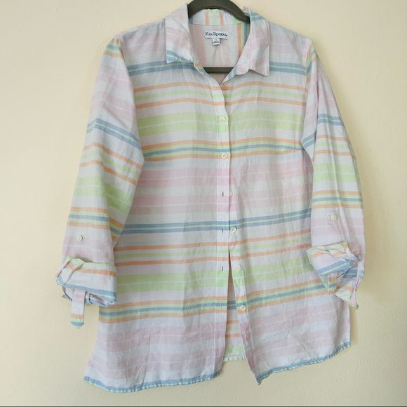 Kim Rogers linen blend button down oversized striped shirt pastel poplin plaid - Picture 6 of 8